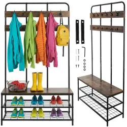 Clothes rack 182 cm with shoe shelf, bench and 12 hooks