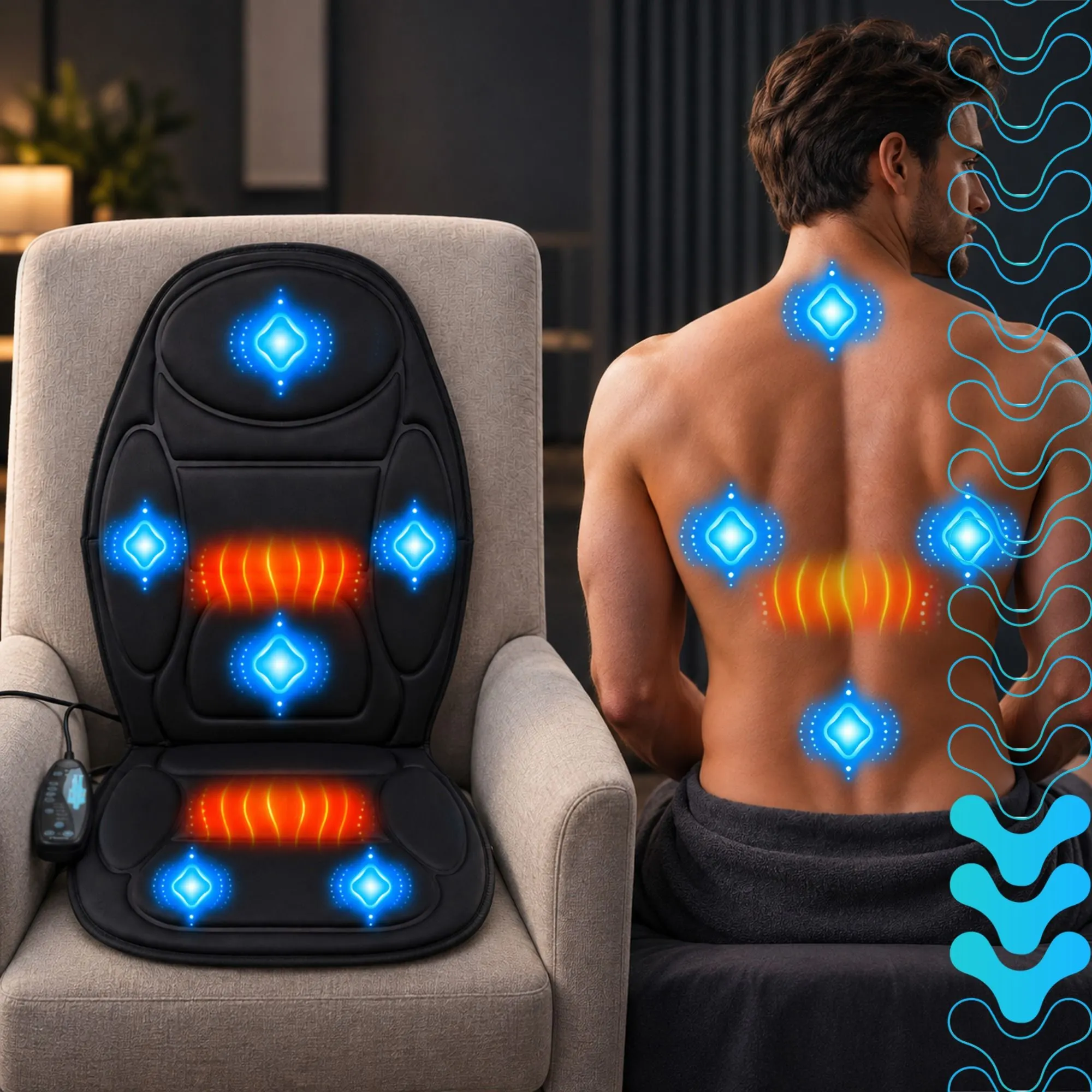 Vibrerande massagematta med värme – 5 program och 6 motorer