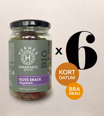 Örtmarinerade blandade oliver. 6-pack, kort datum!