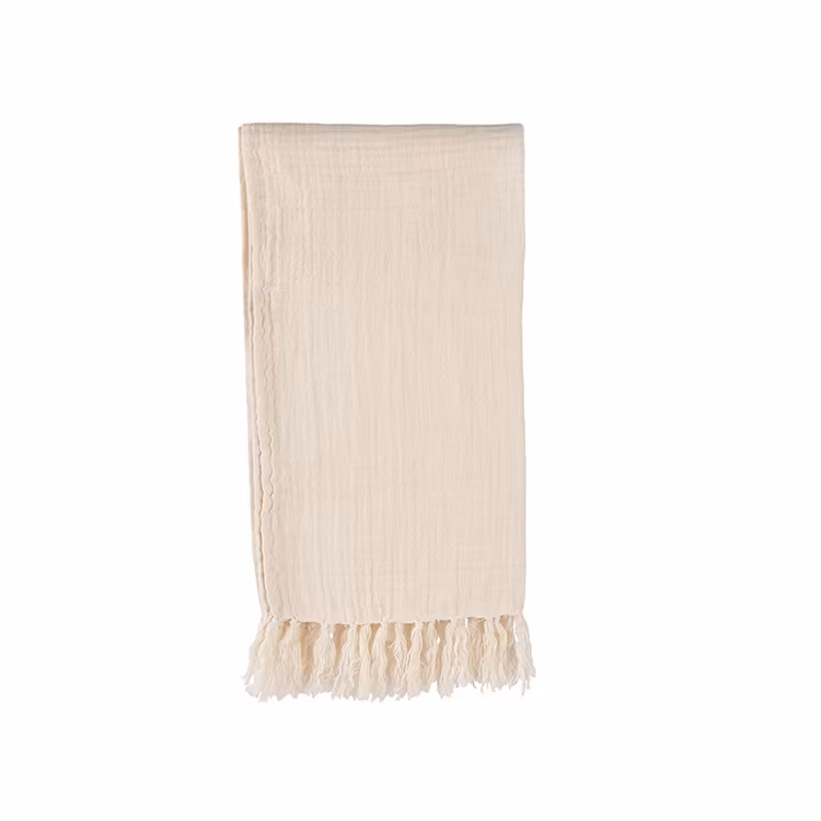Filt/Pläd Eila beige med dekorativa fransar 100% bomull