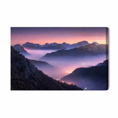 Canvastavla - Mountains in fog at evening time