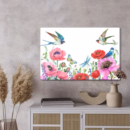 Canvastavla - Watercolor poppies and swallows