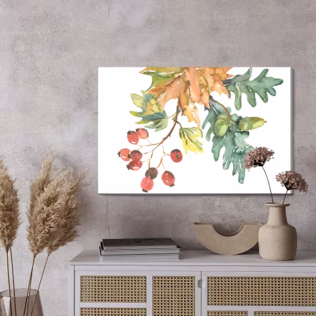 Canvastavla - Autumn leaves and fruits painted in