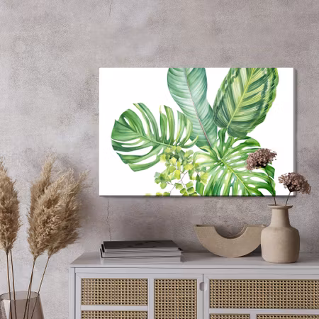 Canvastavla - Green exotic leaves painted with