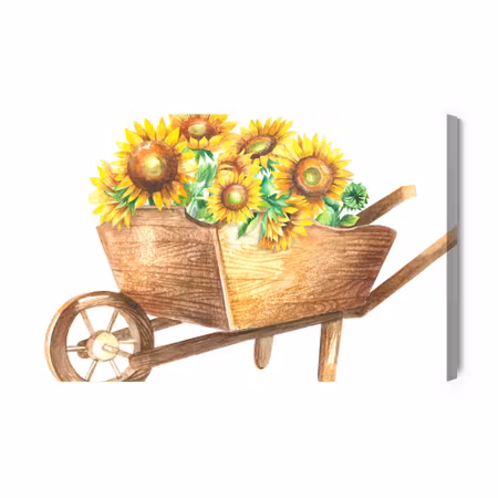 Canvastavla - Sunflowers in a wooden wheelbarrow
