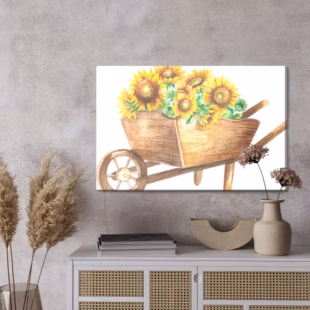 Canvastavla - Sunflowers in a wooden wheelbarrow