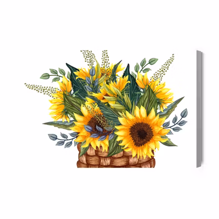 Canvastavla - Basket with a bouquet of sunflowers