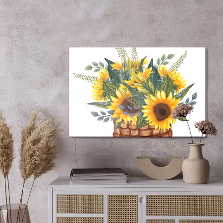 Canvastavla - Basket with a bouquet of sunflowers