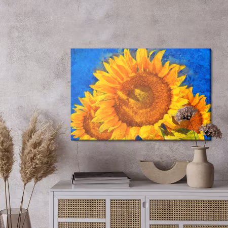 Canvastavla - Painted sunflowers on a blue background
