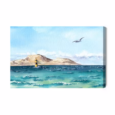 Canvastavla - Sea and lighthouse in watercolour