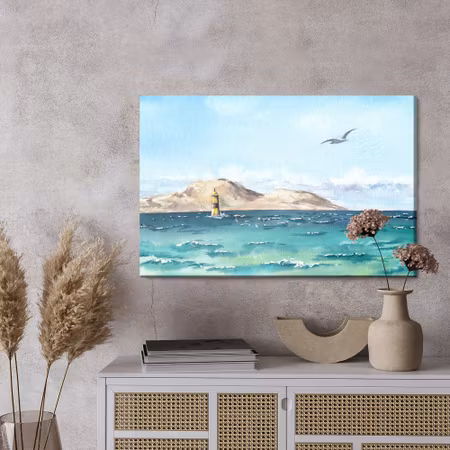 Canvastavla - Sea and lighthouse in watercolour