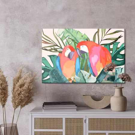 Canvastavla - Parrots and tropical leaves