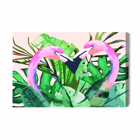 Canvastavla - Flamingos and tropical leaves