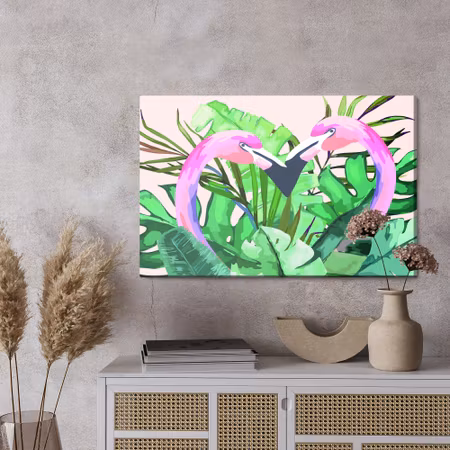 Canvastavla - Flamingos and tropical leaves
