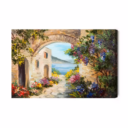 Canvastavla - House by the sea and flowers