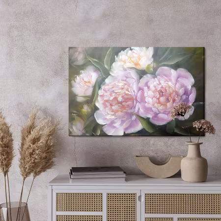 Canvastavla - Peonies roses and leaves as painted