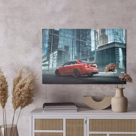 Canvastavla - Red car in the city