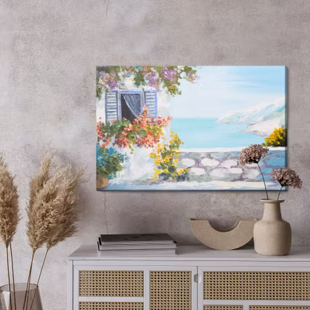 Canvastavla - Sea with house and flowers