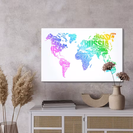 Canvastavla - World map with colored inscriptions