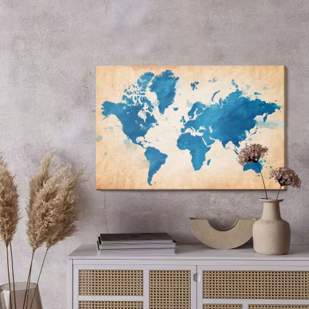 Canvastavla - World map in blue tones