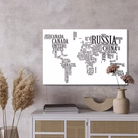 Canvastavla - World map with black inscriptions