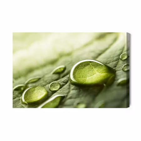 Canvastavla - Water drops on a green leaf