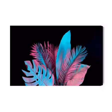 Canvastavla - Neon tropical leaves on a black