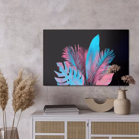 Canvastavla - Neon tropical leaves on a black