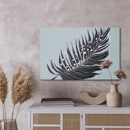 Canvastavla - Black palm leaf on a gray background