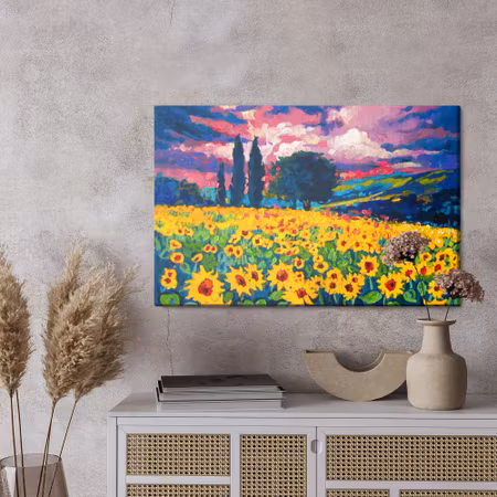 Canvastavla - A field of sunflowers as painted