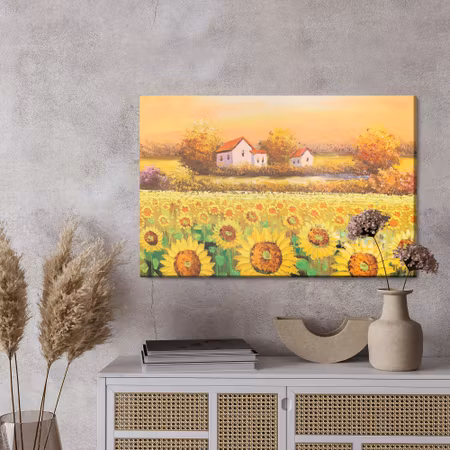Canvastavla - Cottages at a sunflower field