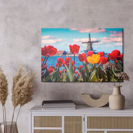 Canvastavla - Tulips on a dutch windmill background