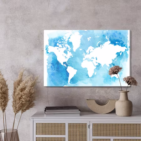 Canvastavla - Blue and white world map