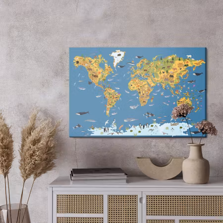 Canvastavla - World map with animals