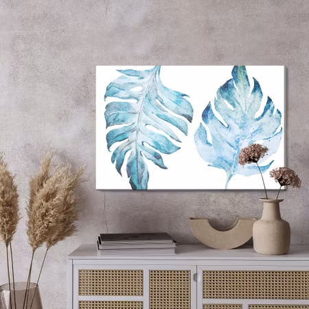 Canvastavla - Blue monstera leaves painted in