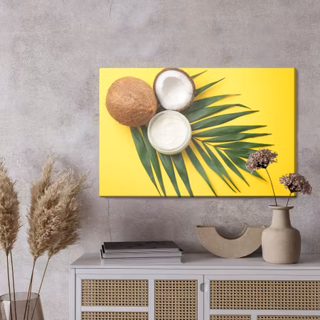 Canvastavla - Leaf and coconut fruit on a yellow