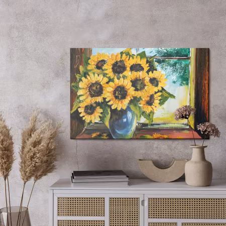 Canvastavla - Sunflowers in a vase by the window