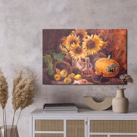 Canvastavla - Still life with sunflowers and fruit