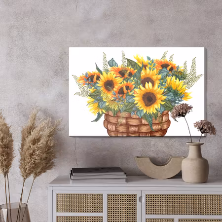 Canvastavla - A basket with a bouquet of sunflowers