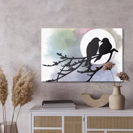 Canvastavla - Silhouettes of birds on the branch