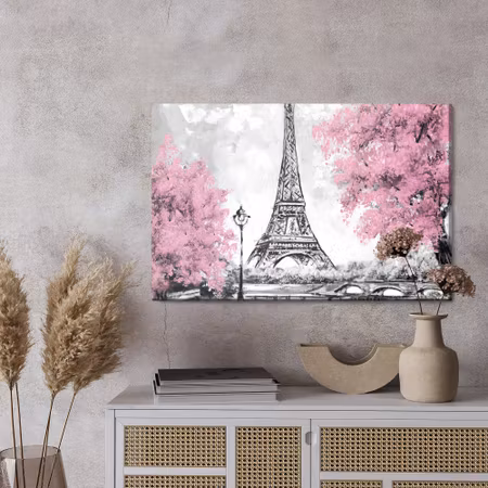 Canvastavla - The eiffel tower between flowering trees