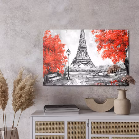 Canvastavla - The eiffel tower between flowering trees