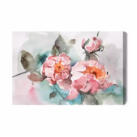 Canvastavla - Pastel roses and leaves painted with