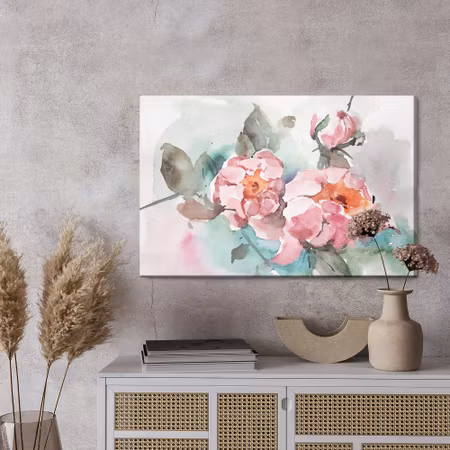 Canvastavla - Pastel roses and leaves painted with