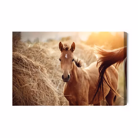 Canvastavla - A foal on a background of hay bales