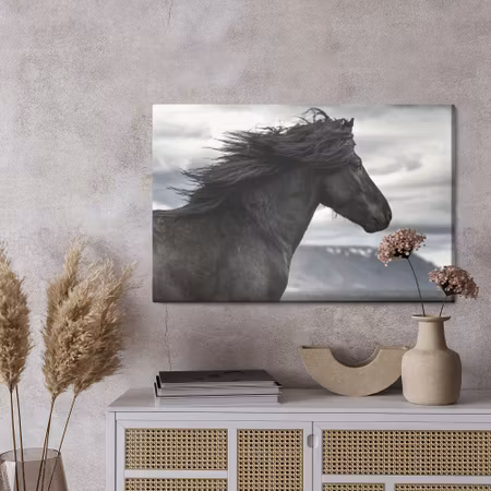Canvastavla - Black horse on a background of clouds