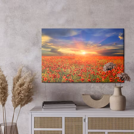 Canvastavla - Sunset over a filed of poppies 3d