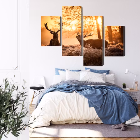 Canvastavla - Two deer in the forest at sunset 3d