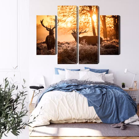 Canvastavla - Two deer in the forest at sunset 3d
