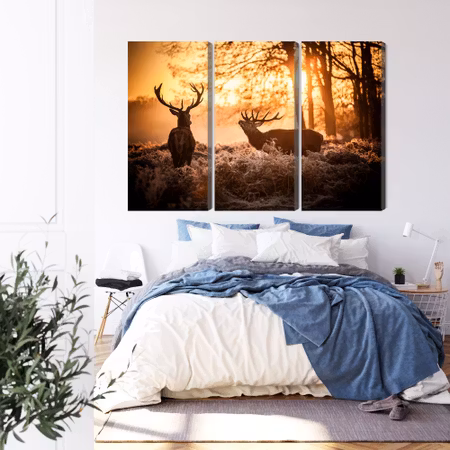 Canvastavla - Two deer in the forest at sunset 3d